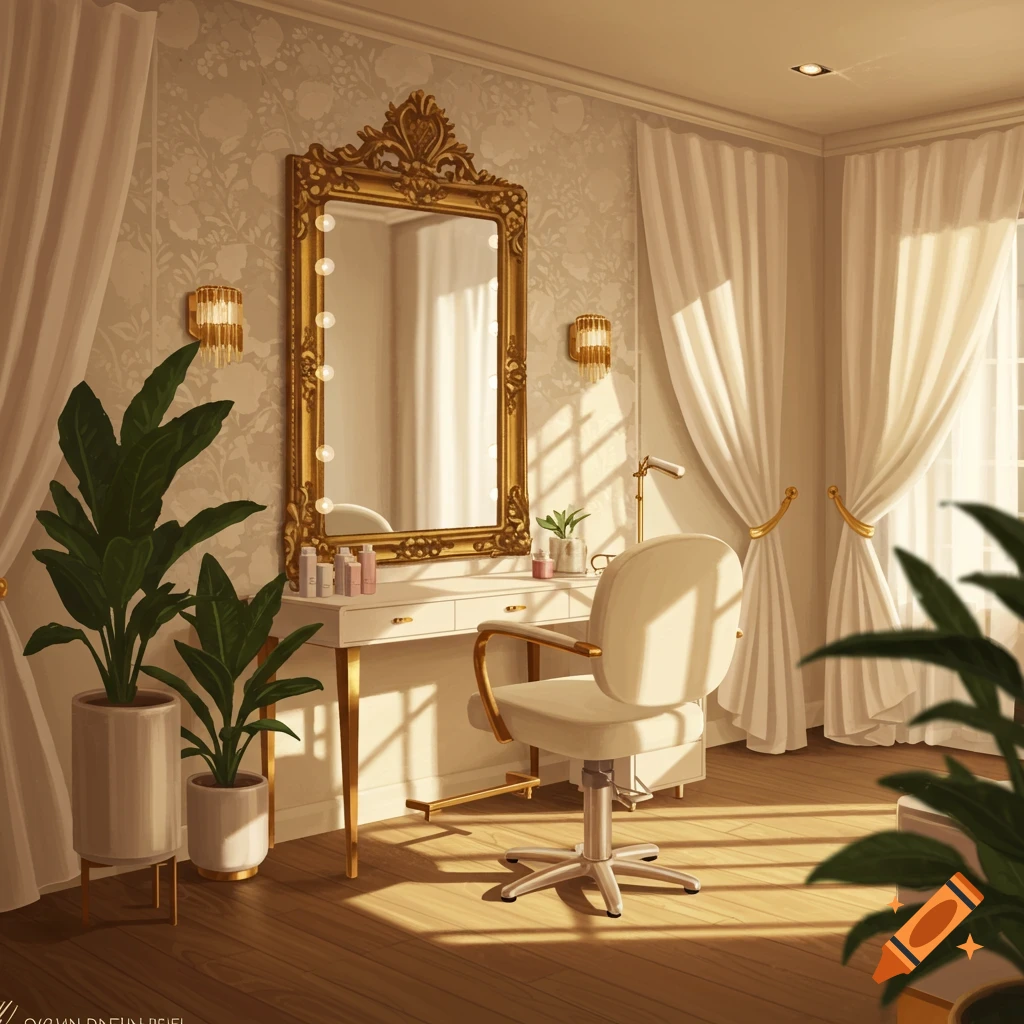 Cozy beige beauty salon with a golden vanity mirror, white plush chair, plants, and sunlit white curtains.