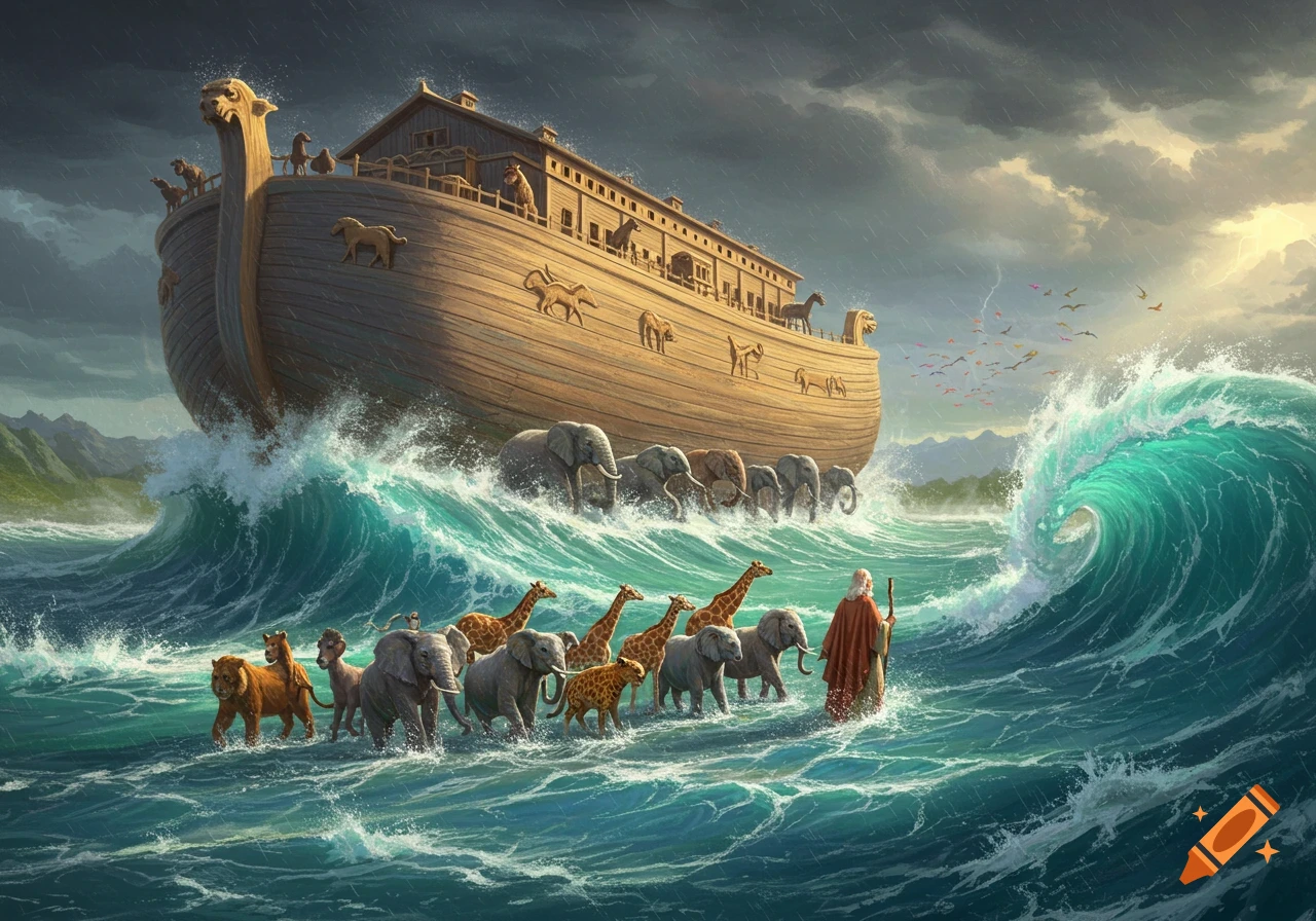 Noah leads pairs of giraffes, elephants, and lions through stormy waves towards a grand wooden ark under a lightning-filled sky.