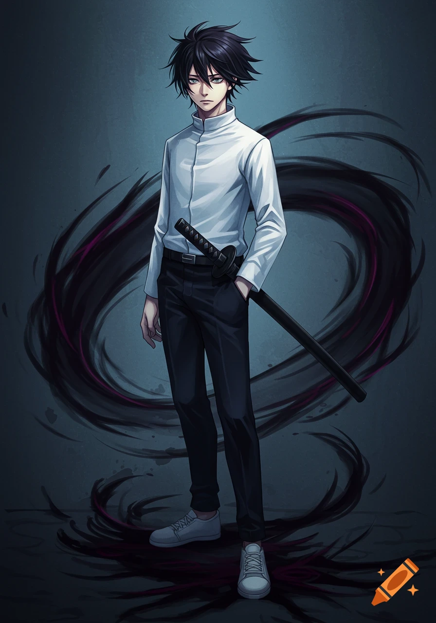 Anime male character with messy black hair and blue-gray eyes, wearing a white shirt, dark pants, and white sneakers, stands holding a katana, surrounded by a dark, swirling aura.