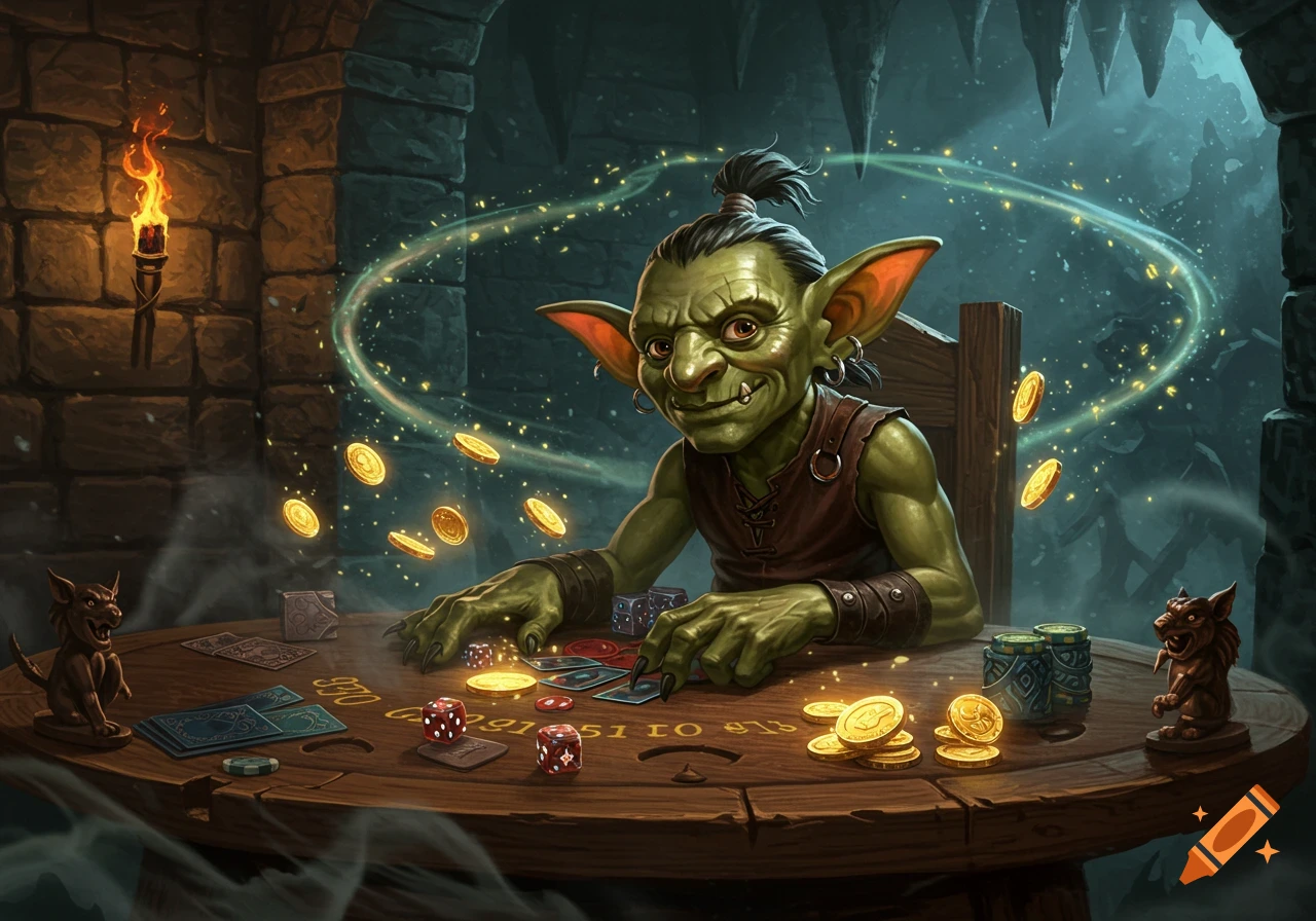 A green goblin with large ears and a topknot sits at a wooden table in a stone dungeon, gambling with cards, dice, and gold coins, illuminated by a torch.