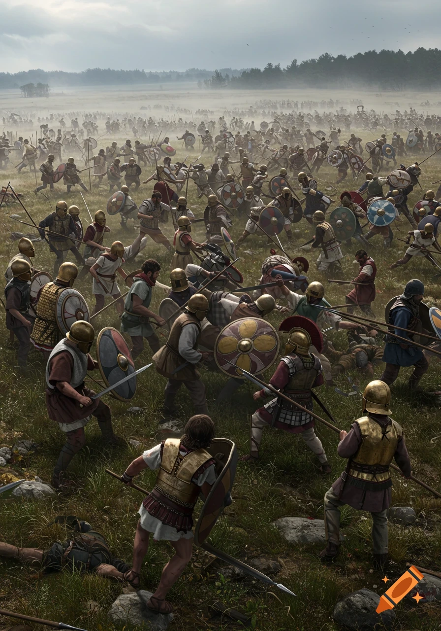 A chaotic bronze age battlefield scene with numerous warriors clashing in a grassy field under a cloudy sky.