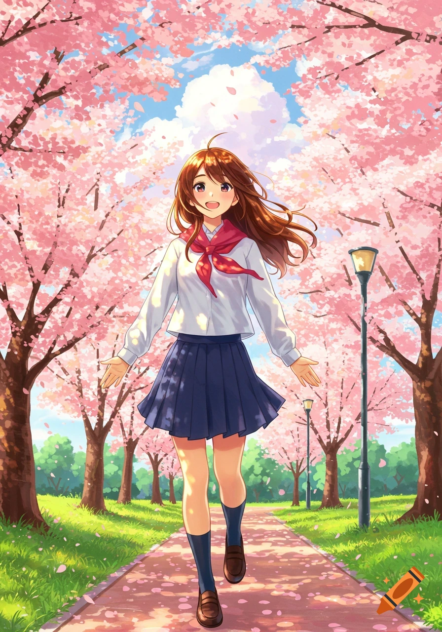 Anime schoolgirl cheerfully walks down a cherry blossom-lined path.