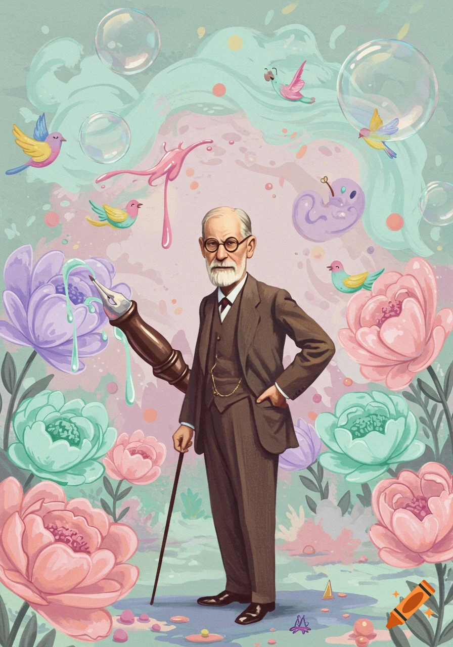 Sigmund Freud stands in a whimsical, surreal garden with pastel flowers, birds, bubbles, and paint elements, holding a cane.
