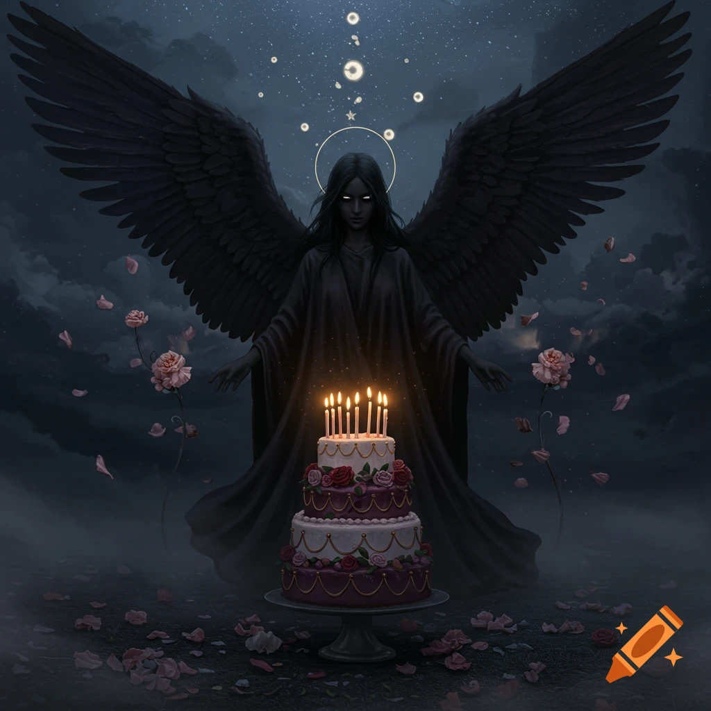 A dark angel with large black wings and glowing eyes stands over a three-tier birthday cake with lit candles in a misty night scene.