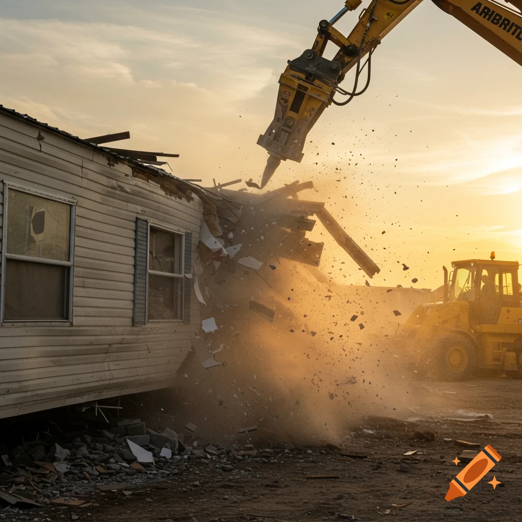 Yellow excavator demolishes a white mobile home at sunset, sending dust and debris flying. Photorealistic style.