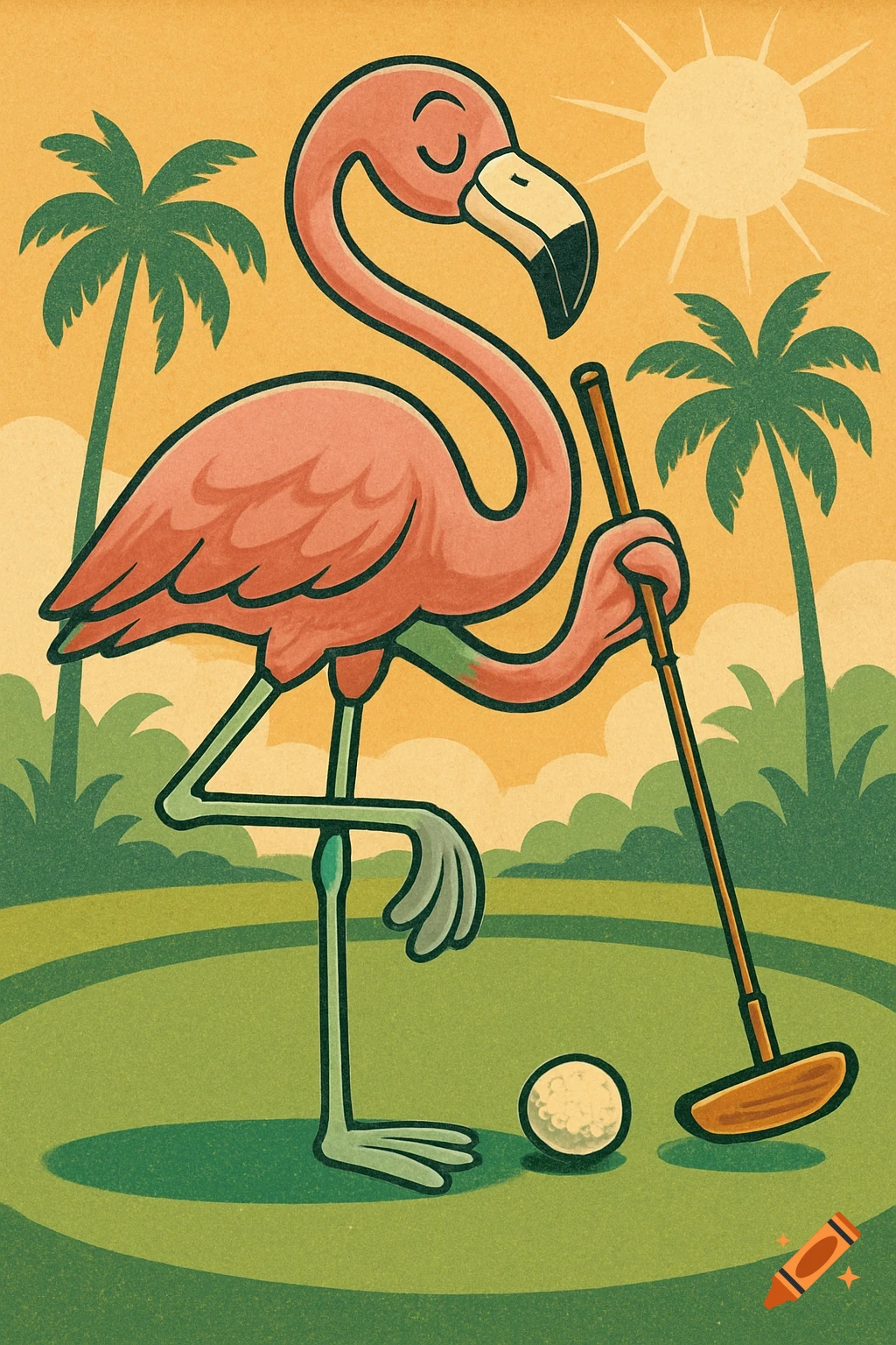 Retro-style cartoon illustration of a flamingo playing mini-golf on a green course with palm trees and a sun.