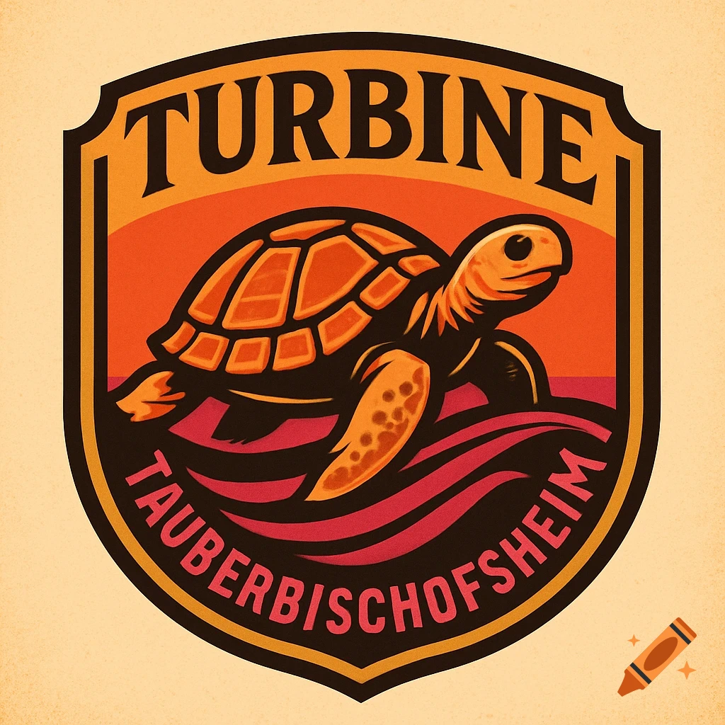 A shield-shaped logo featuring an orange and brown turtle swimming on red waves, with "TURBINE" above and "TAUBERBISCHOFSHEIM" below, on a stylized sunset background.