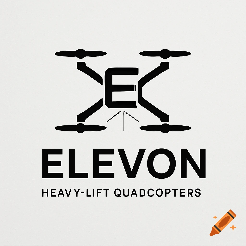 Black and white logo of a stylized drone forming an 'E', with 'ELEVON' and 'HEAVY-LIFT QUADCOPTERS' text below.