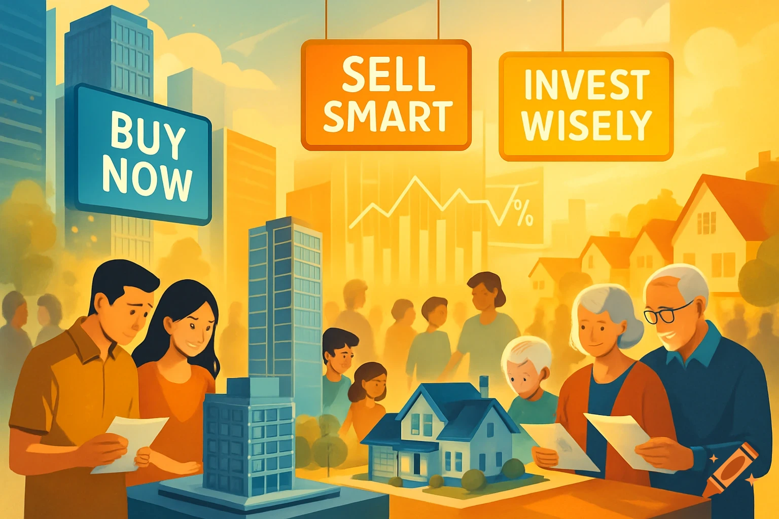 A vibrant illustration of people involved in real estate, with signs reading 'BUY NOW', 'SELL SMART', and 'INVEST WISELY' above city and suburban houses.