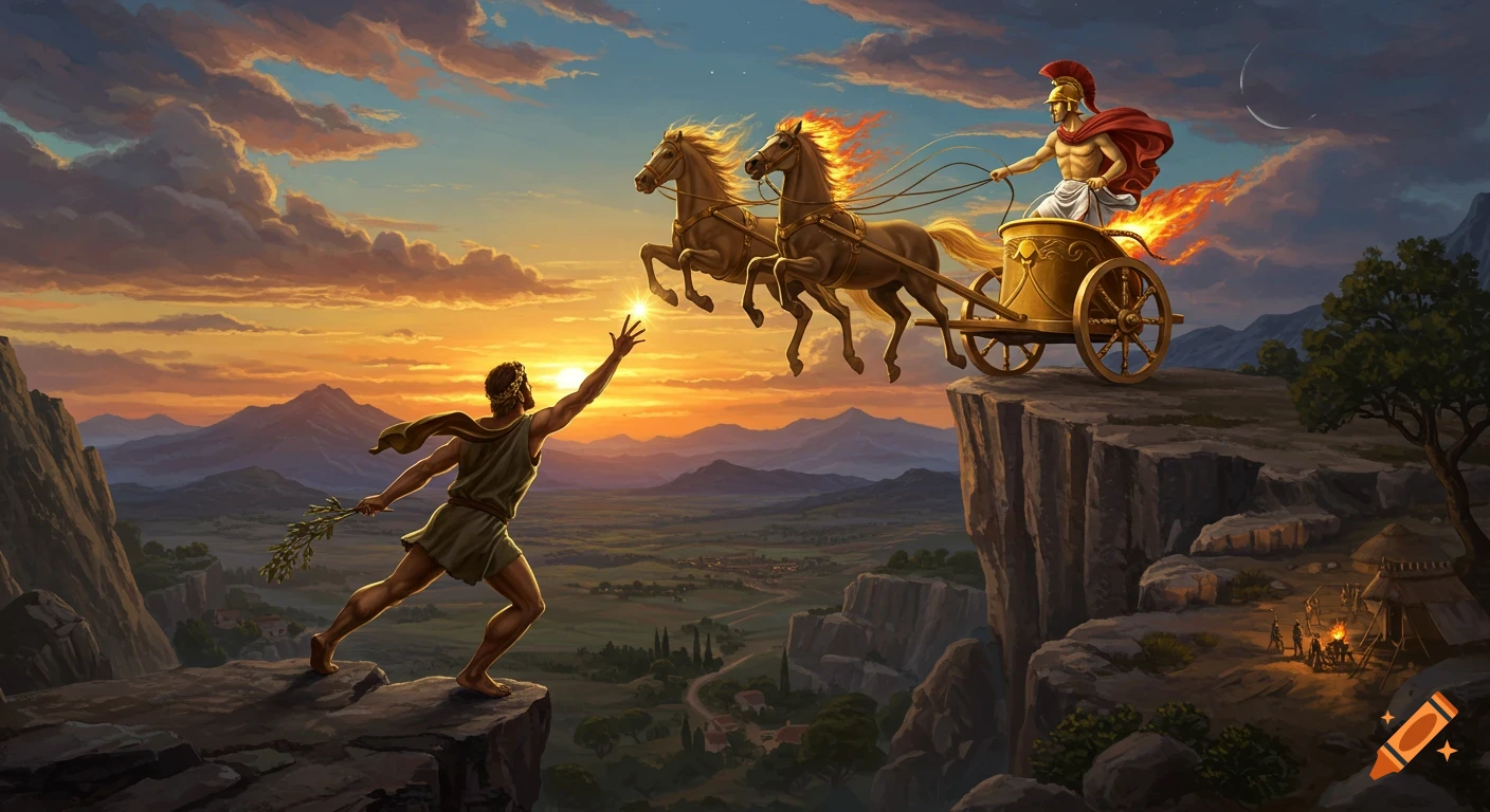 Prometheus reaches for a spark from Helios's fiery chariot and horses, flying over a cliff at sunset in ancient Greece, digital painting.