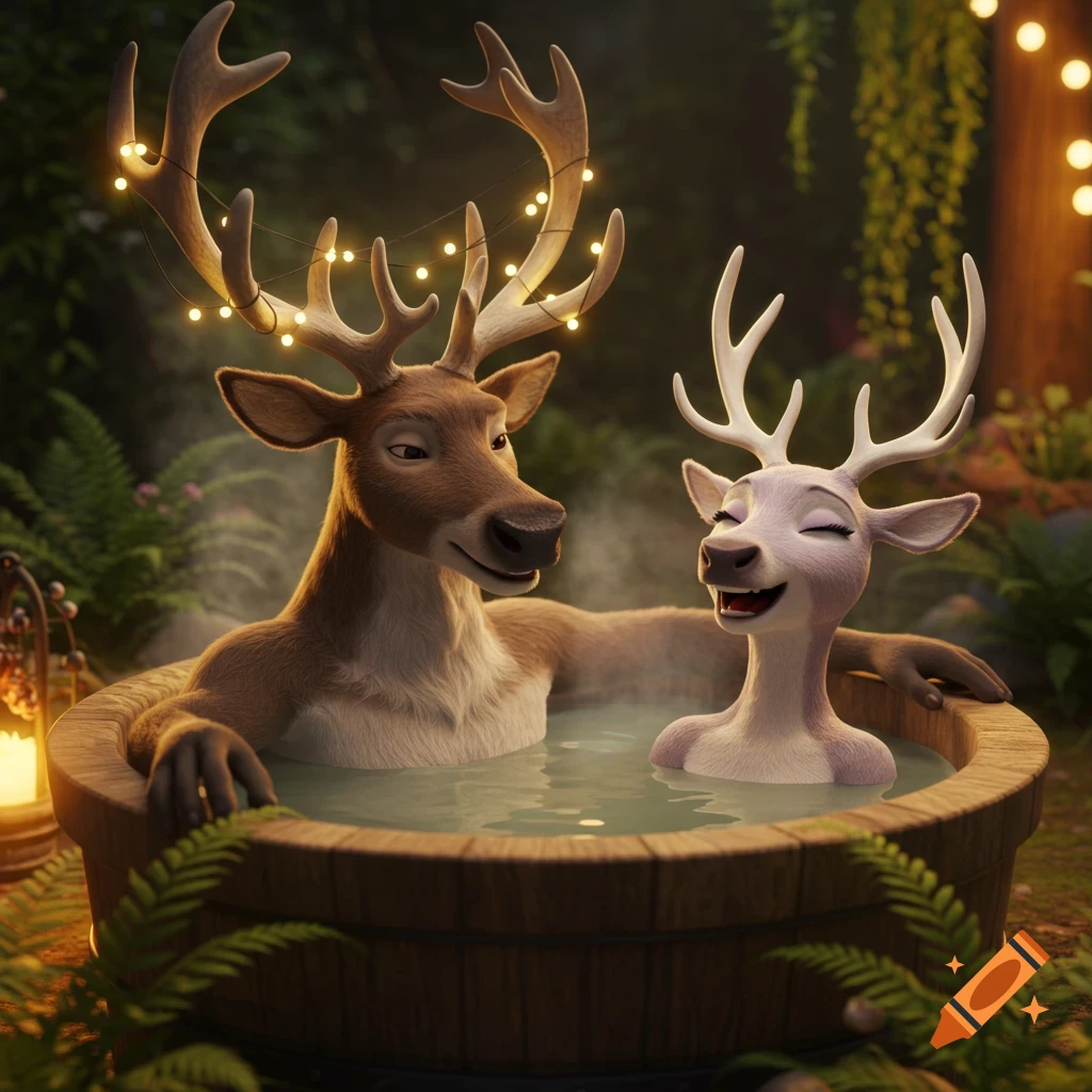 Two anthropomorphic animated reindeer, a male with festive lights on ...