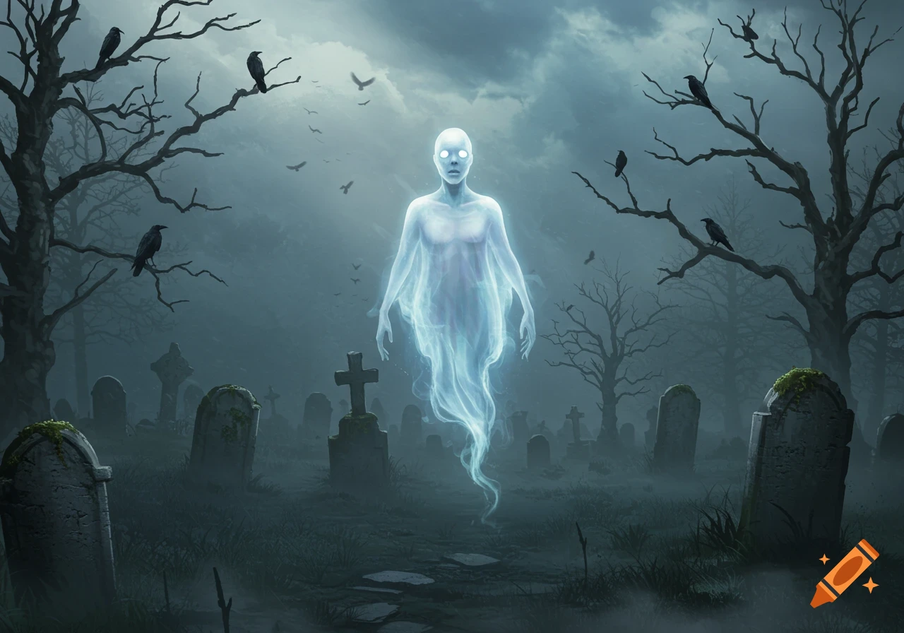 A glowing, ethereal ghost with bright eyes hovers in a foggy, moonlit graveyard with bare trees and crows perching on branches.