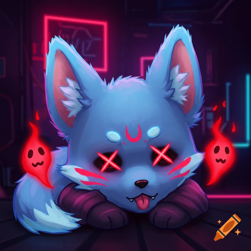 Chibi cyberpunk fox with glowing red X eyes and tongue out, surrounded by red ghost flames, in a dark neon setting.