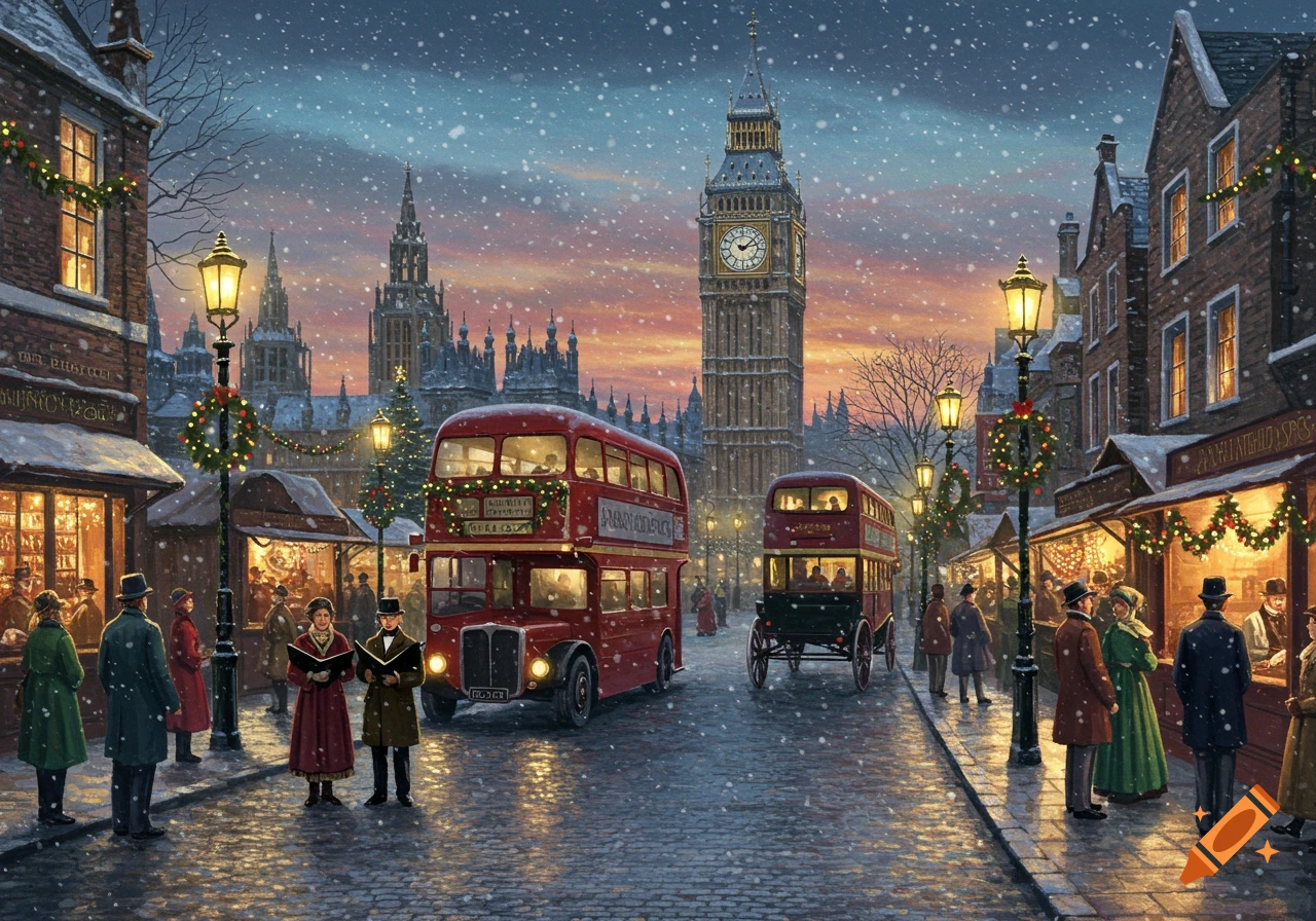Snowy, old-fashioned London street with Big Ben, red double-decker buses, market stalls, and carolers at dusk.