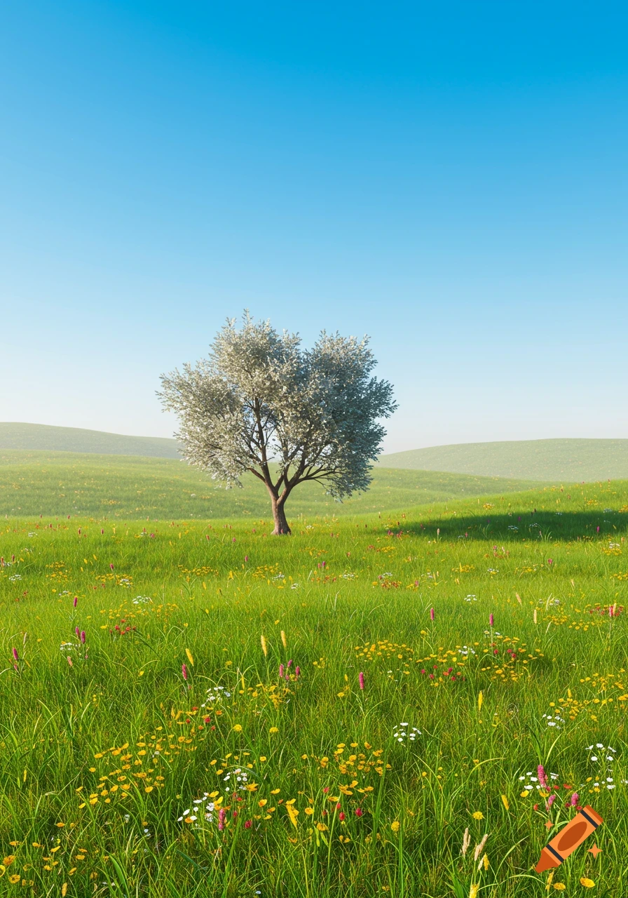 A single tree stands in a vibrant green meadow filled with yellow, white, and pink wildflowers under a clear blue sky.