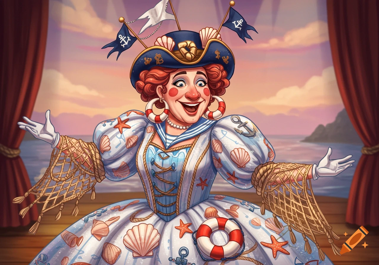 A cheerful pantomime dame in a nautical-themed dress, adorned with seashells and anchors, stands on a stage with outstretched arms, in a vibrant cartoon illustration.