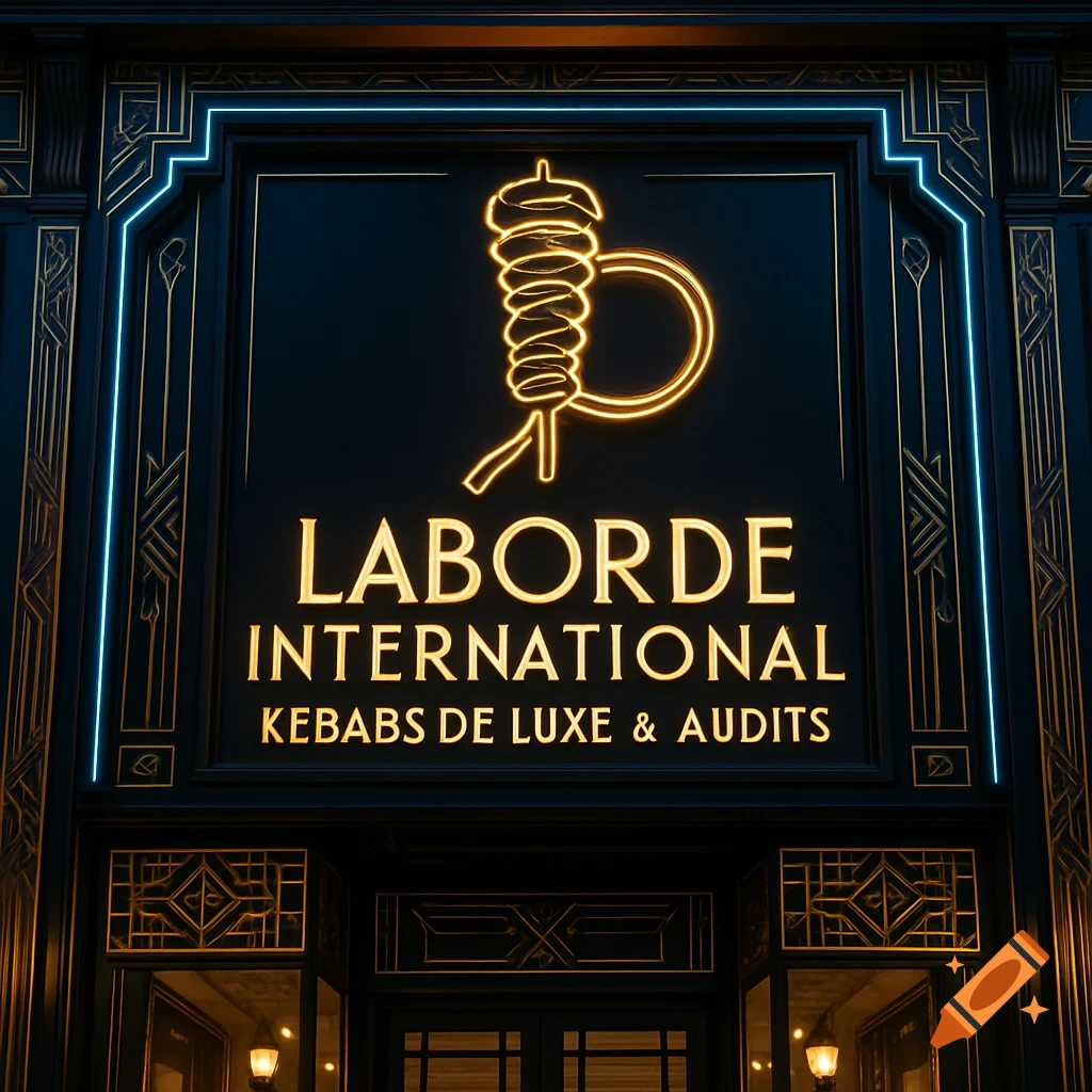 An elegant Art Deco storefront sign for 'Laborde International Kebabs de Luxe & Audits' with a stylized kebab and magnifying glass logo, illuminated by golden and blue neon lights.