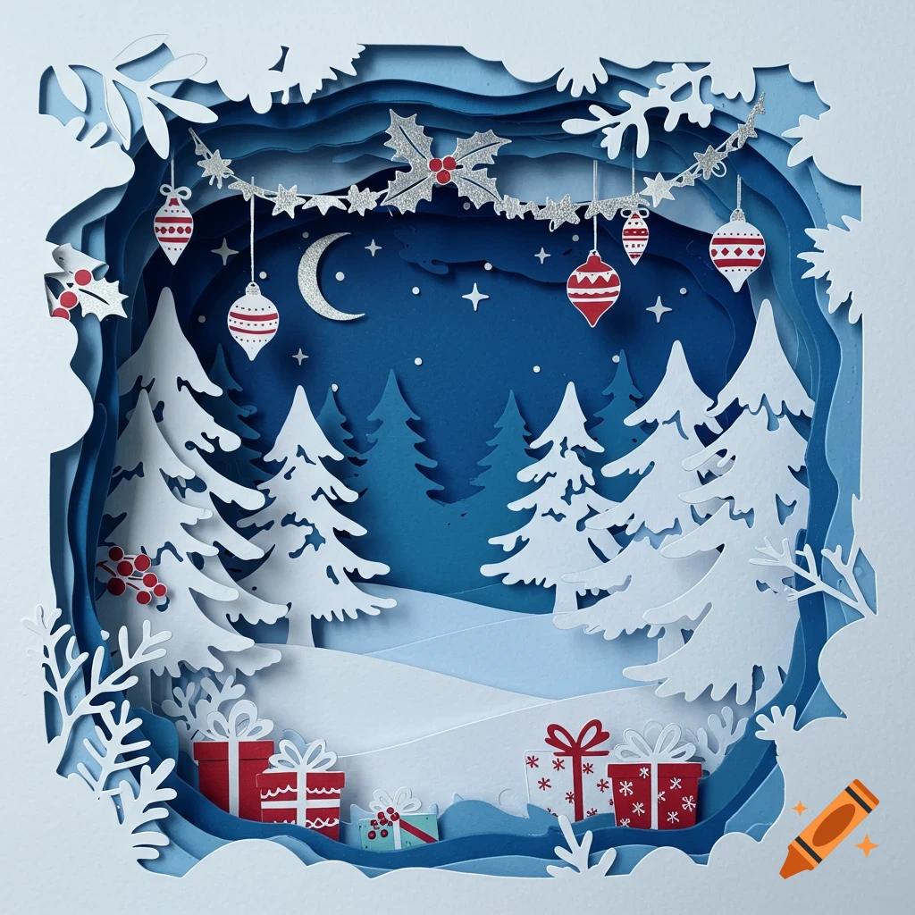A beautifully detailed paper-cut Christmas winter landscape with snowy pine trees, gifts, garlands, and a starry night sky.