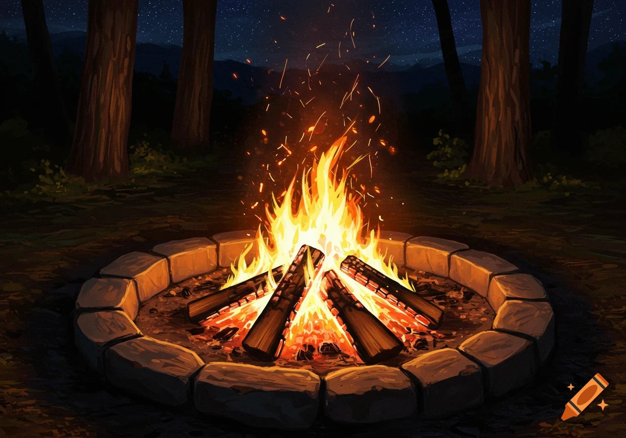 A cozy campfire burns brightly in a stone ring in a dark forest at night, with sparks rising towards a starry sky.