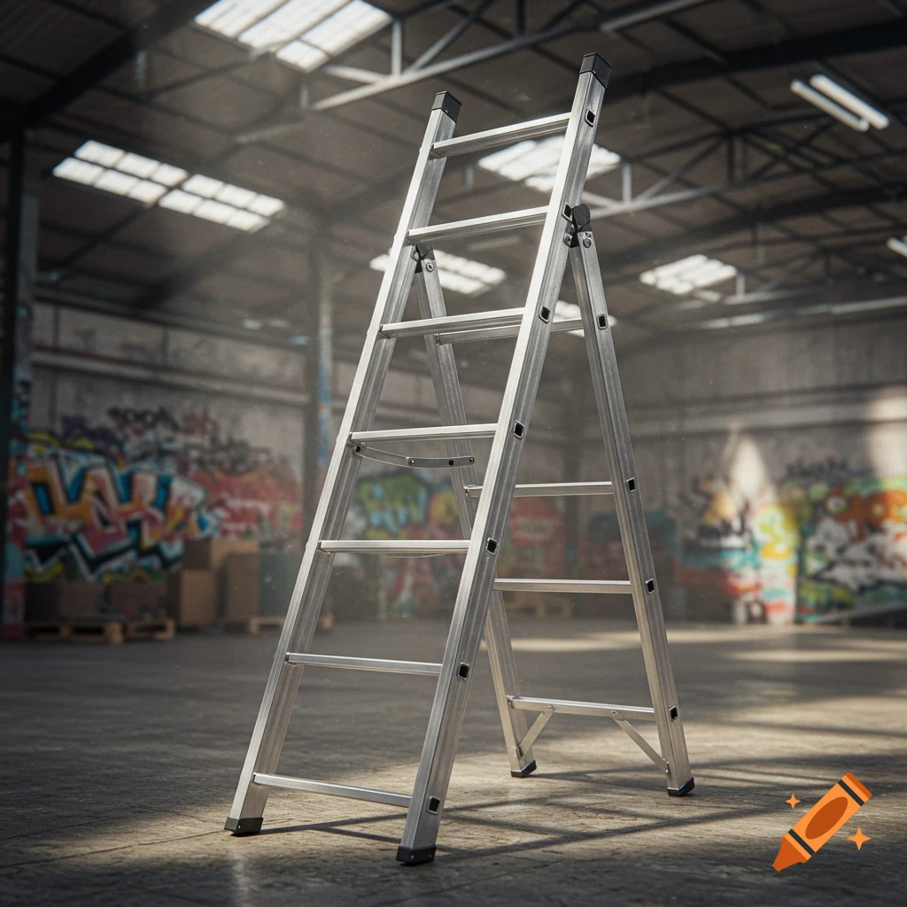 Photorealistic image of a silver A-frame ladder standing on a concrete floor inside a dusty warehouse with graffiti-covered walls and skylights.