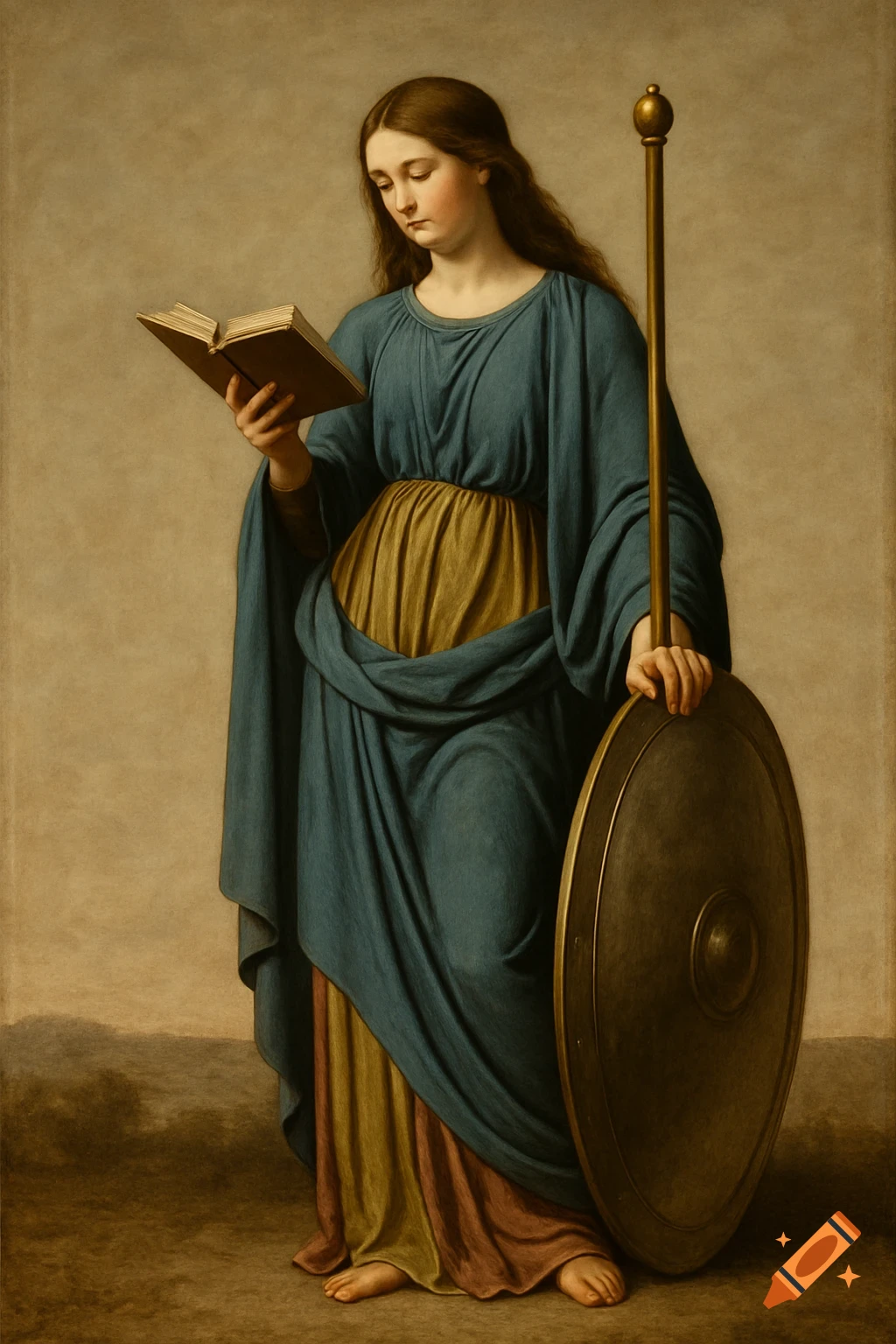 A neoclassical oil painting of a woman in flowing blue and gold robes, reading a book while holding a shield and staff.