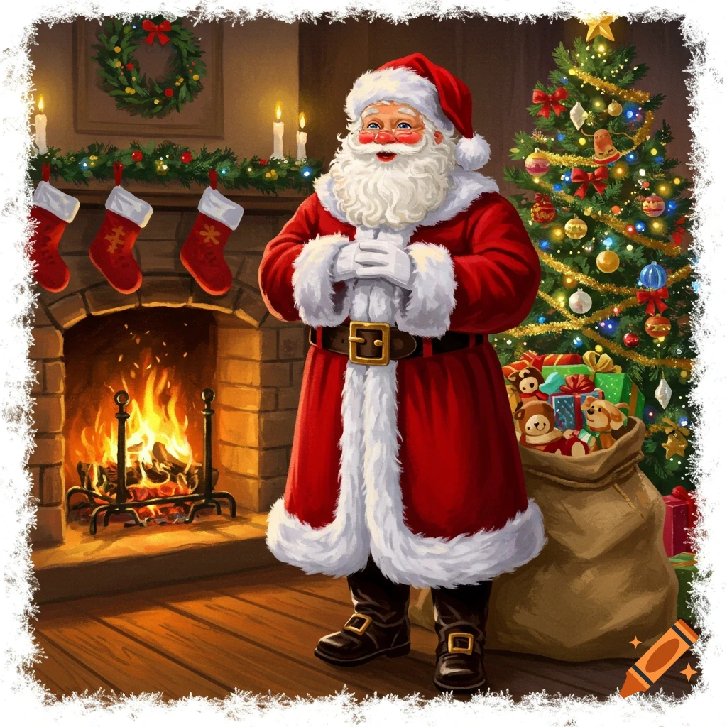 Illustration of Santa Claus standing in a cozy room by a fireplace with stockings and a decorated Christmas tree with gifts.