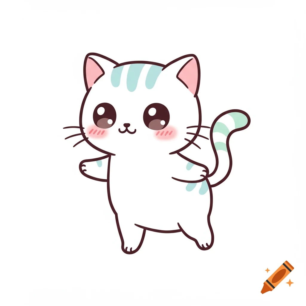 Cute white cartoon cat with light blue stripes and rosy cheeks, in a simple vector art style.