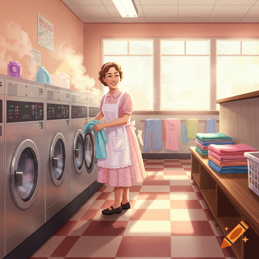 An illustration of a smiling woman in a pink dress and white apron doing laundry in a bright, retro laundromat.