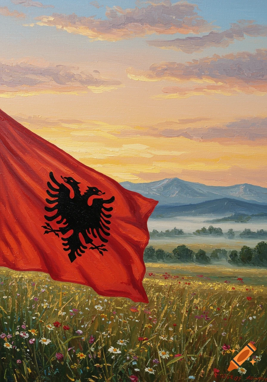 An oil painting of the red Albanian flag with a black double-headed eagle, waving over a field of colorful wildflowers at sunset with mountains in the background.