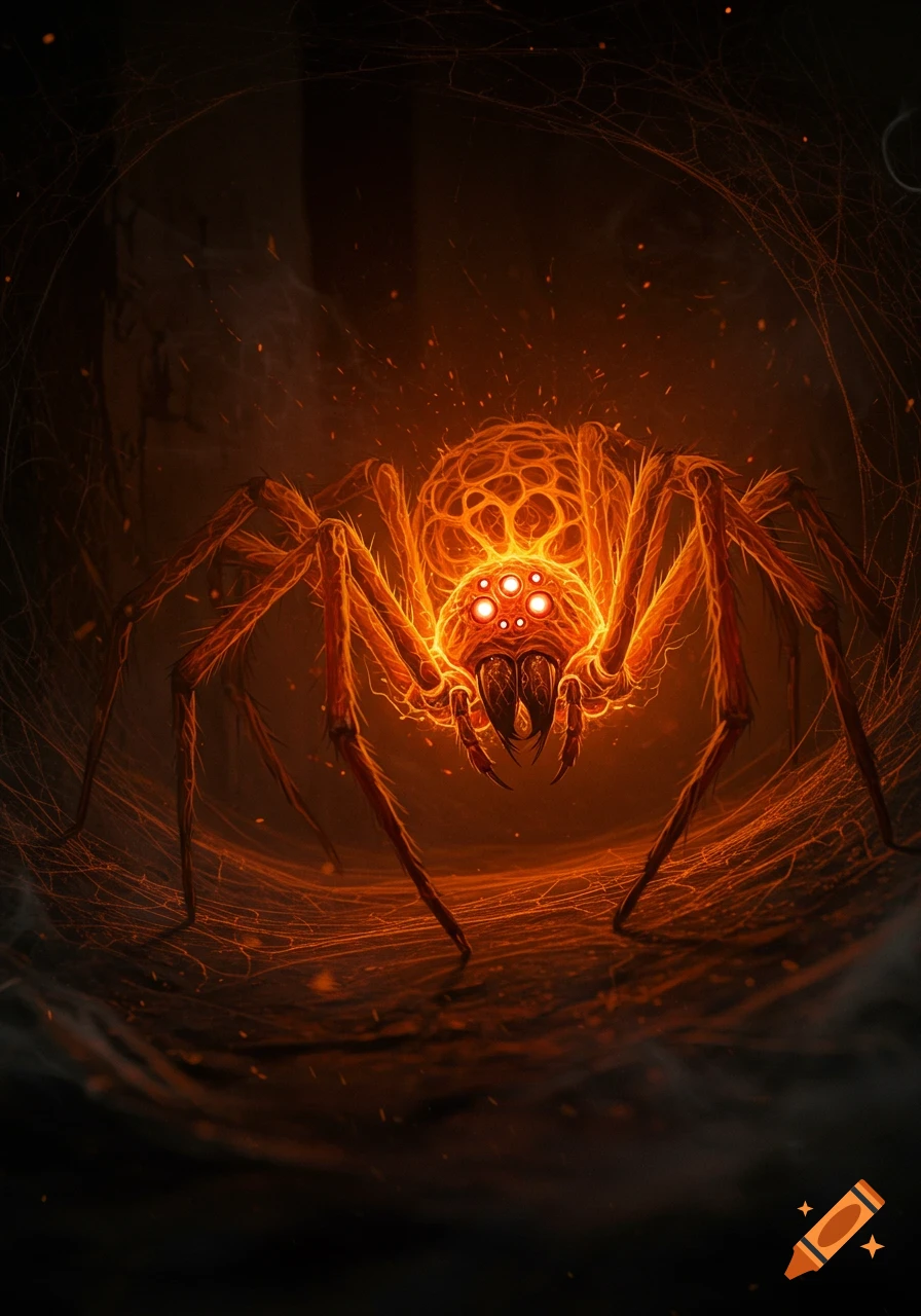A glowing orange fantasy spider with a web-like body and multiple red eyes, surrounded by intricate webs in a dark cave.