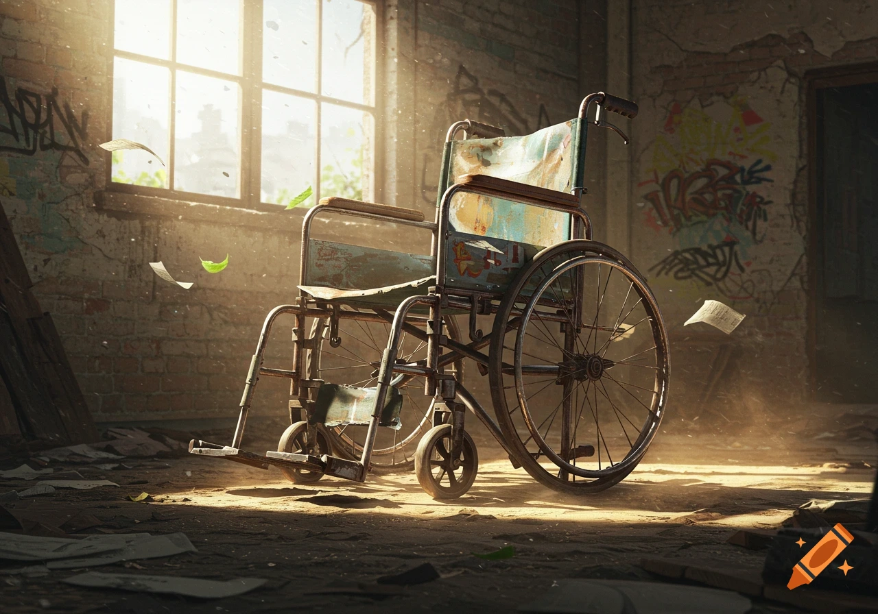 An old, rusty wheelchair sits in the sunlight of a dilapidated, graffiti-covered room with papers scattered on the floor.