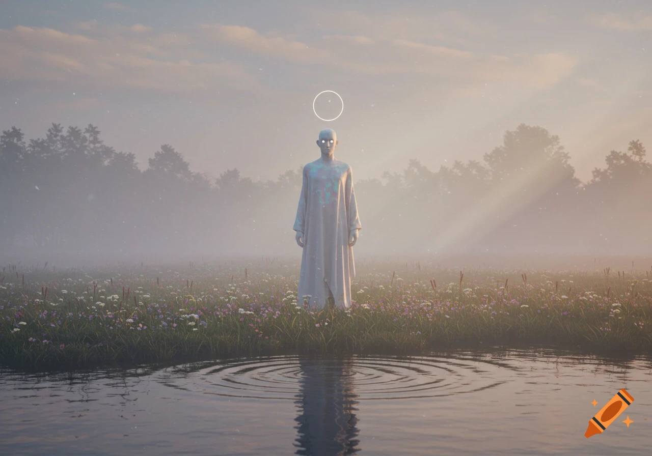A humanoid figure with glowing eyes and a halo stands in a misty field of wildflowers, reflected in still water.