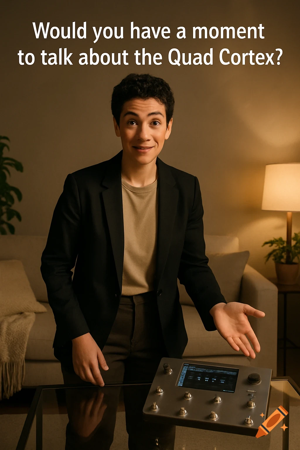 A person in a black blazer and beige shirt gestures, standing in a dimly lit room with a Quad Cortex device on a table. Text: 'Would you have a moment to talk about the Quad Cortex?'