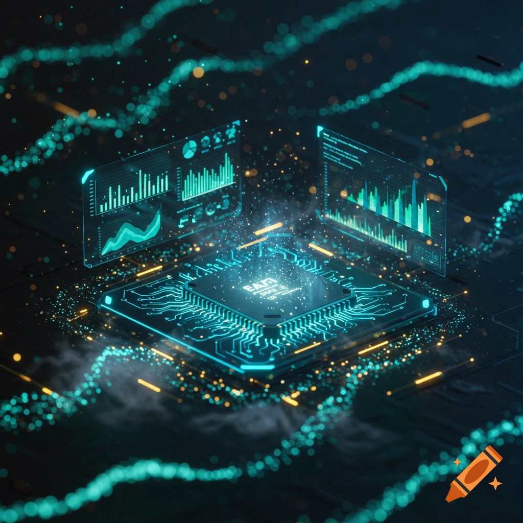 A glowing central microchip surrounded by intricate circuit patterns, neon blue light trails, and holographic data visualizations.