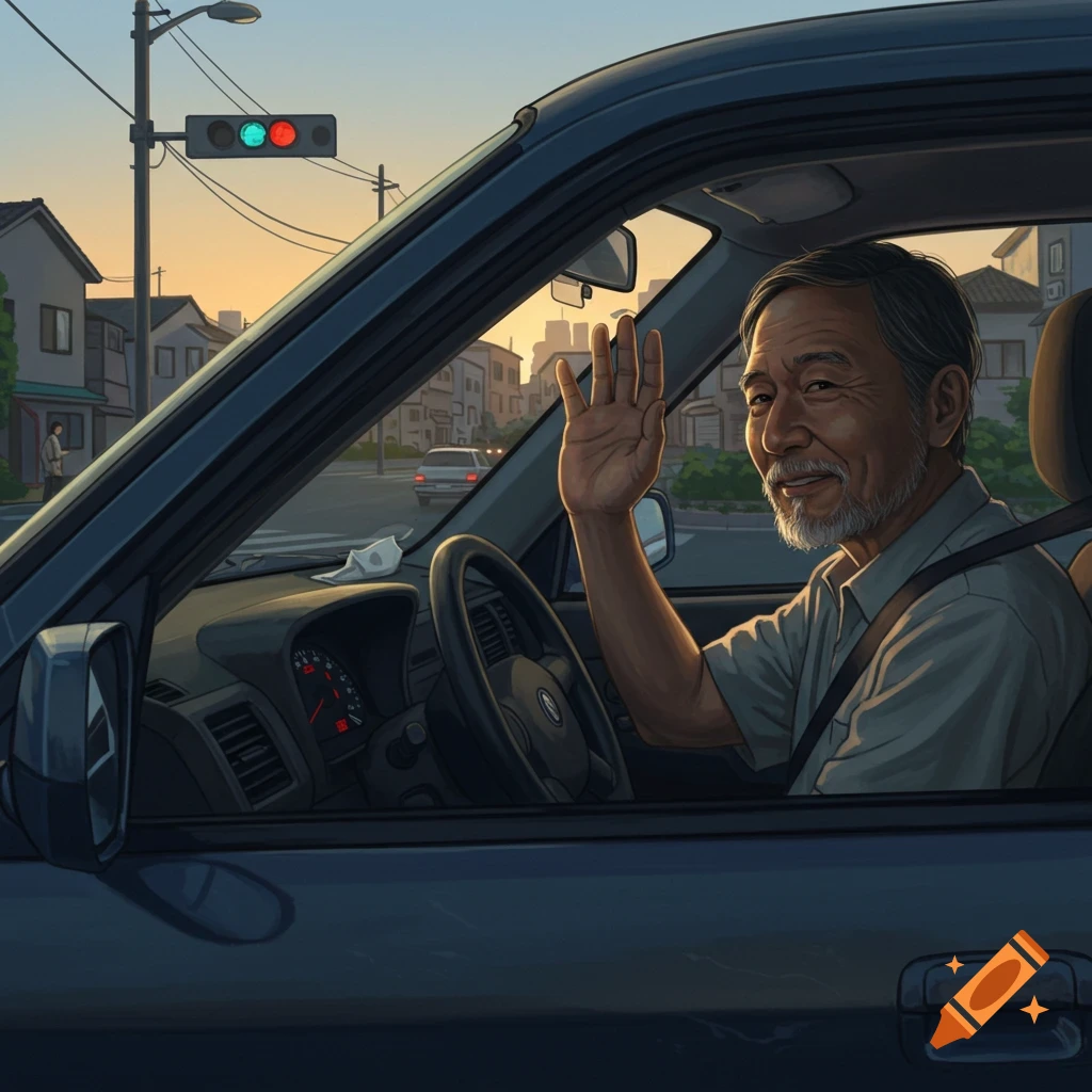 An older man with a white beard smiles and waves from his car's driver's seat during sunset on a city street, in an illustrative style.