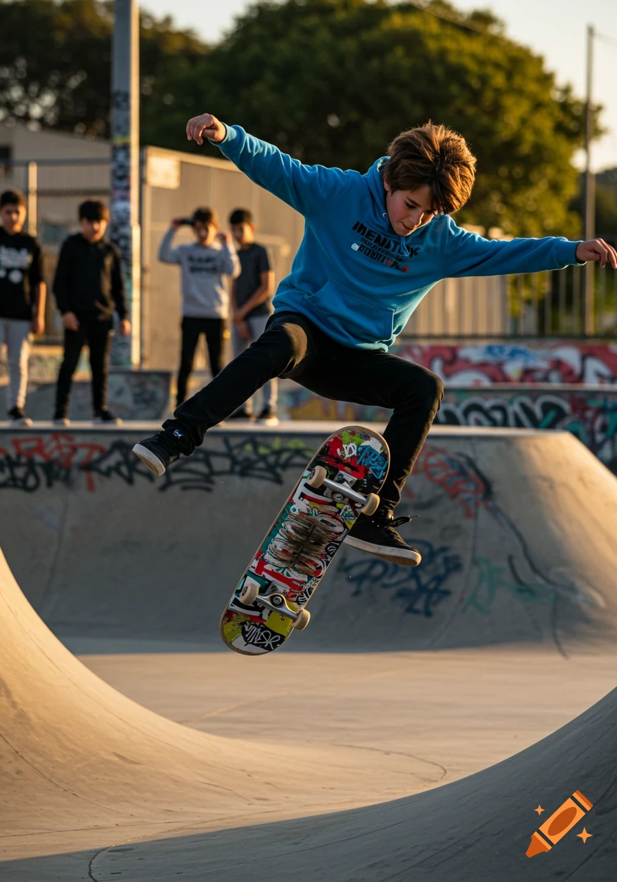 A boy in a blue hoodie and black pants does an ollie on a skateboard in a sunny skate park.