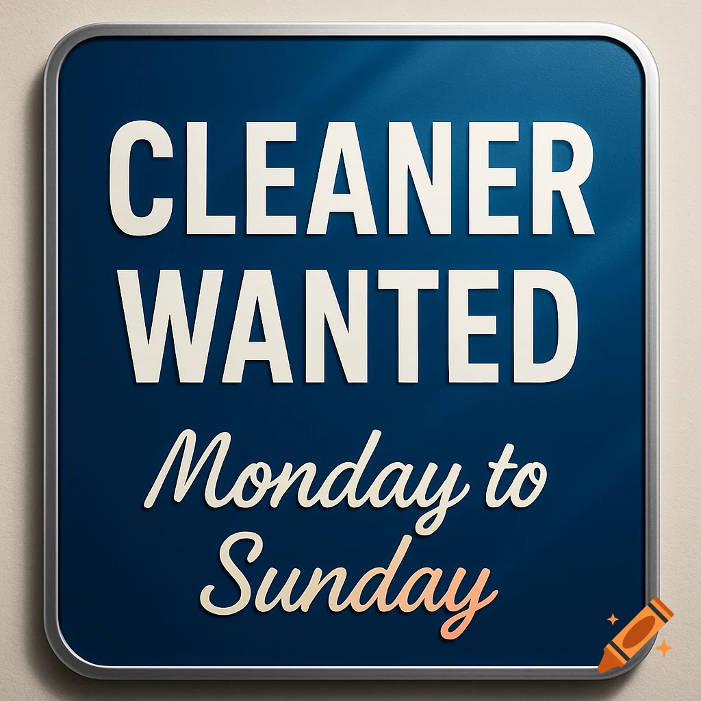 A dark blue sign with a silver border reads "CLEANER WANTED Monday to Sunday" in cream-colored text.