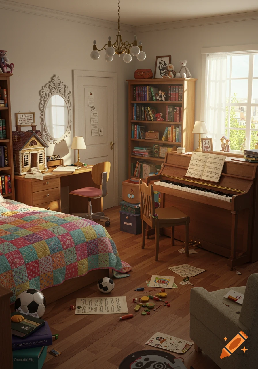 A sunlit child's bedroom with a patchwork quilt bed, a desk with a dollhouse, a piano, bookshelves, and toys scattered on the wooden floor.