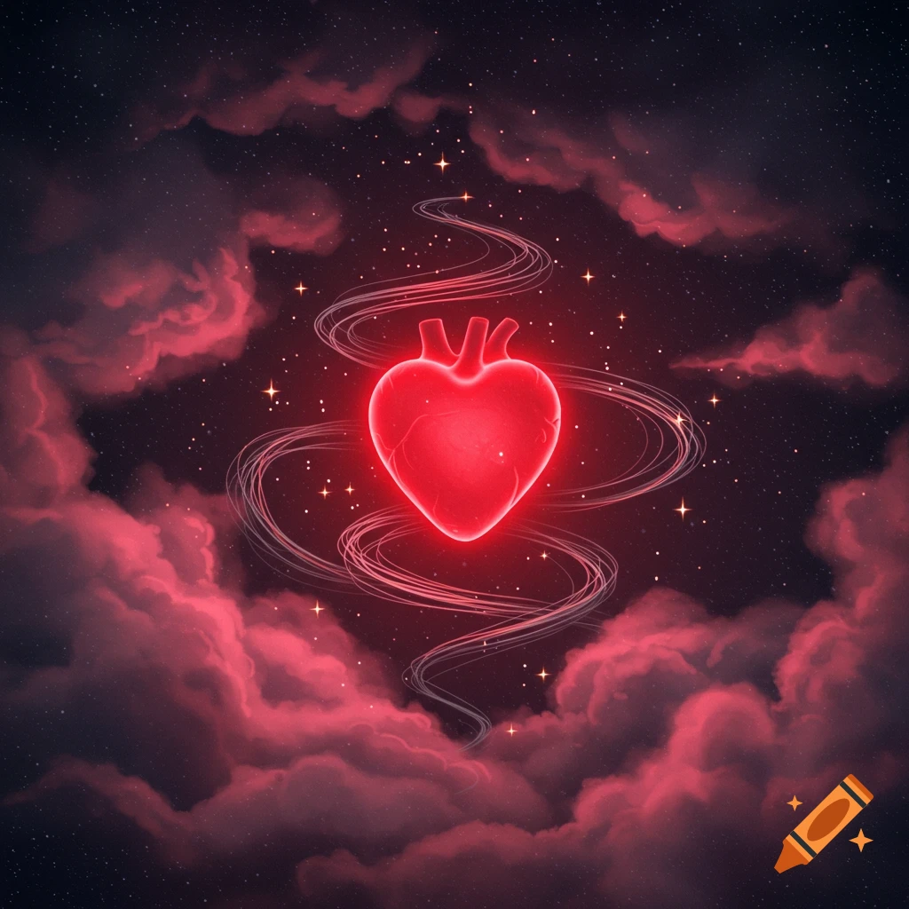 A glowing red anatomical heart floats amidst swirling red clouds and stars in a dark sky, illustration.
