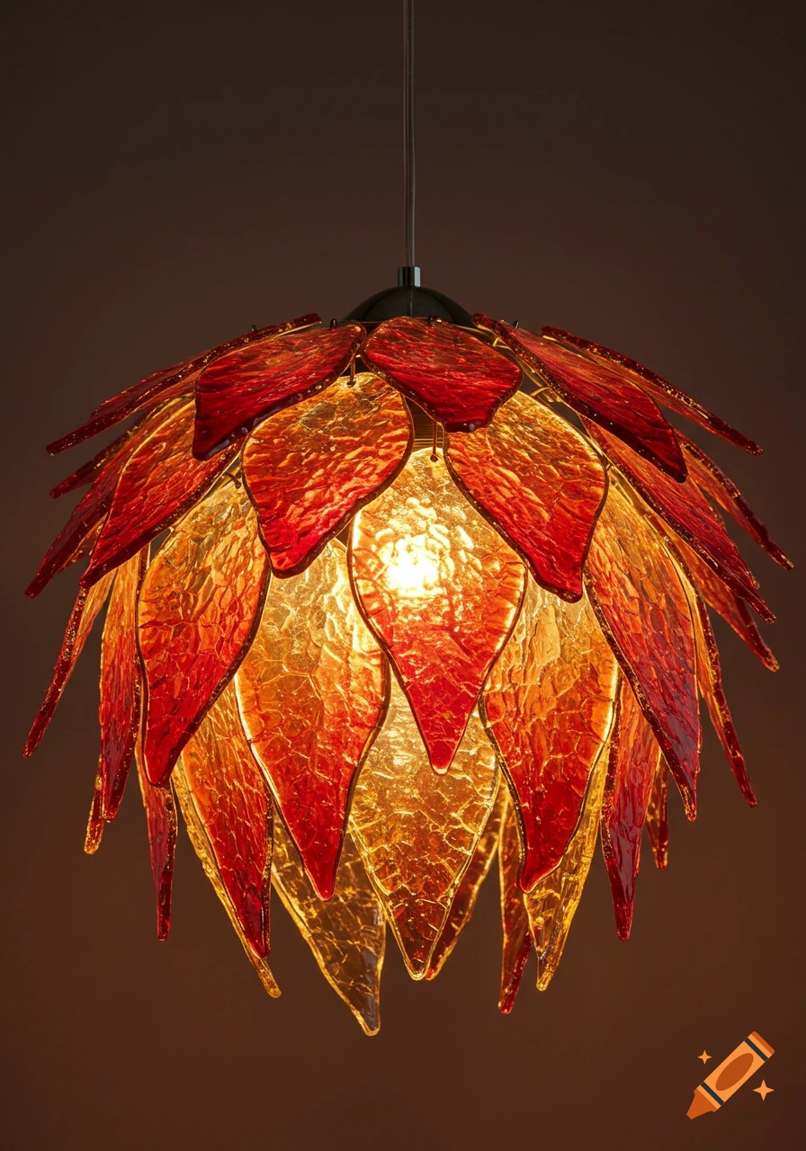 A warm, glowing pendant lamp shaped like a blooming flower, made of red and orange textured glass shards, hanging against a dark background.
