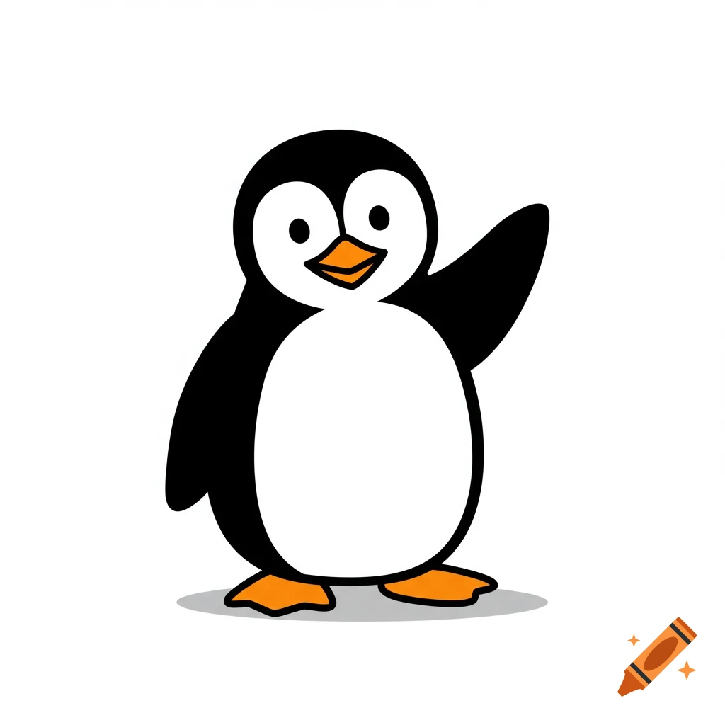 A cute cartoon penguin with a black body, white belly, orange beak, and orange feet, waving a flipper.