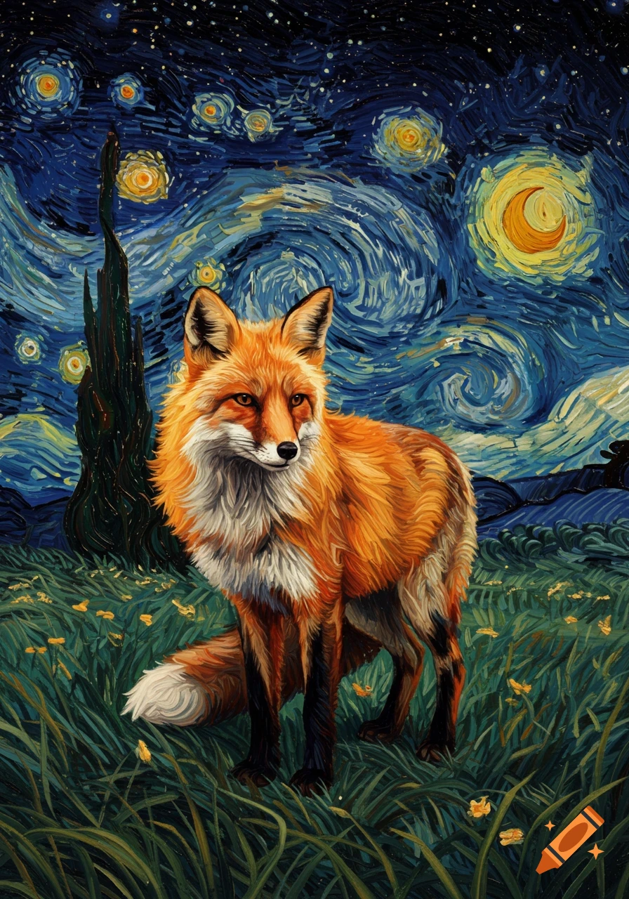 A vibrant fox stands in a field of green grass under a swirling, starry night sky in the style of Van Gogh.
