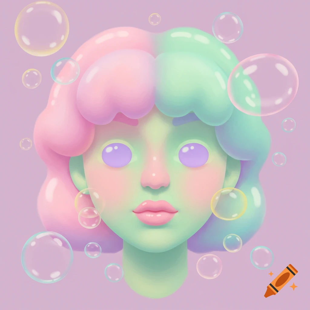 A stylized pastel illustration of a face with pink and mint green hair, purple eyes, pink lips, surrounded by bubbles.