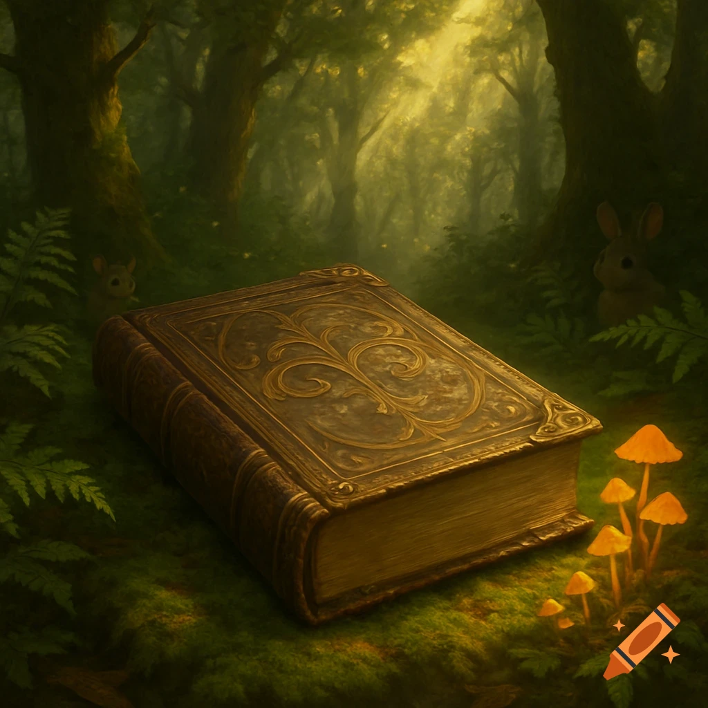 An ornate, antique book lies on a mossy forest floor, illuminated by golden light, with glowing mushrooms and hidden rabbits.