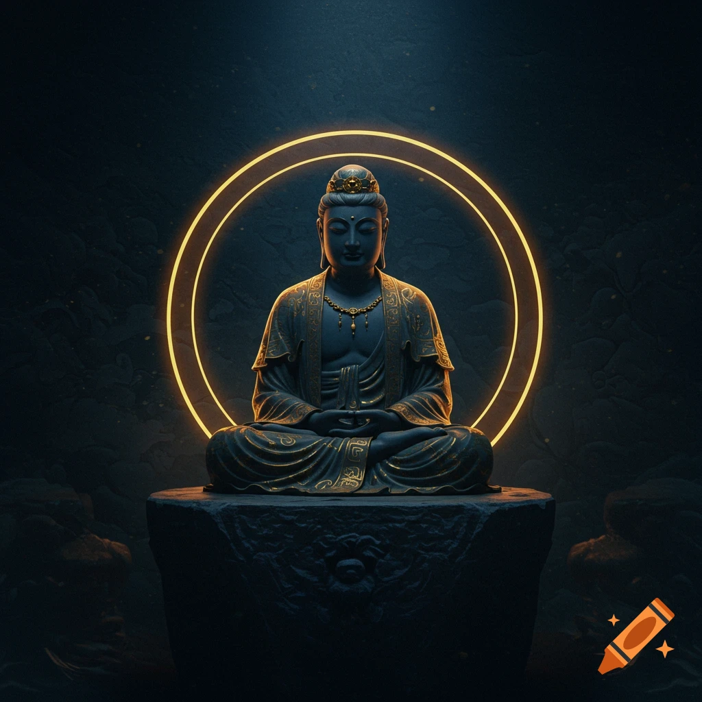 A dark stone statue of Jizo Bodhisattva with golden accents, meditating on a pedestal, surrounded by a glowing golden double halo in the dark.