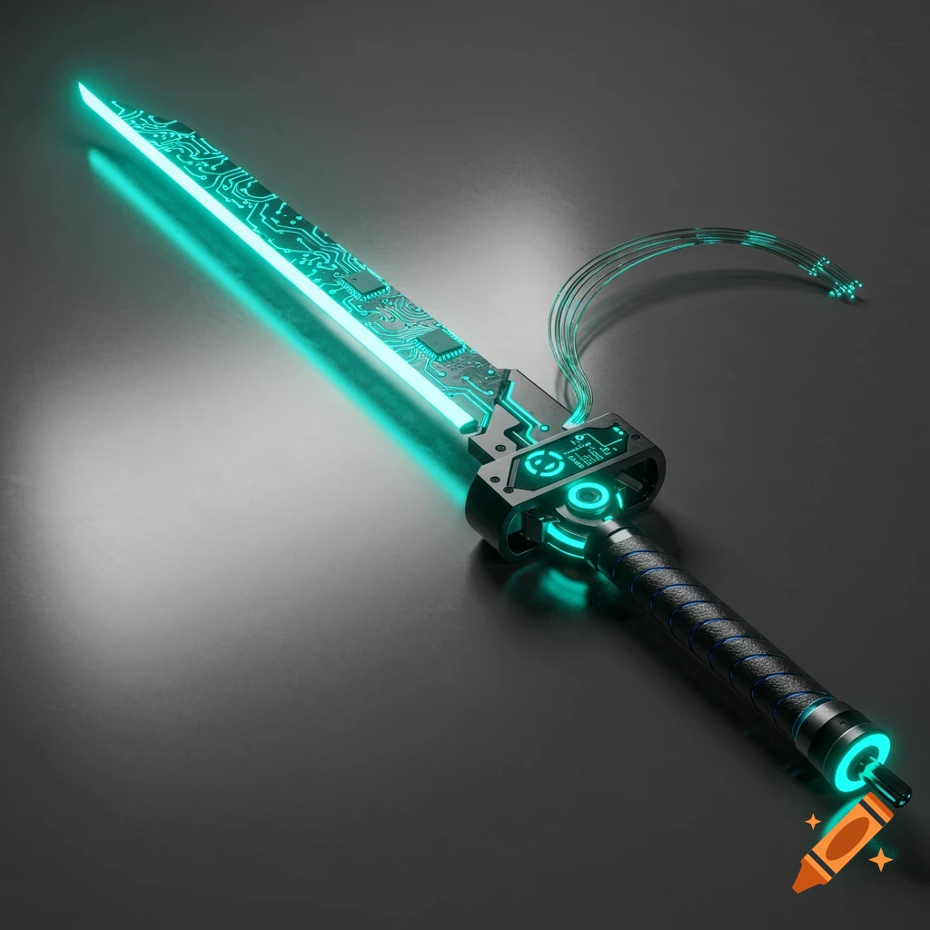 A photorealistic futuristic cyber sword with a bright cyan glowing ...