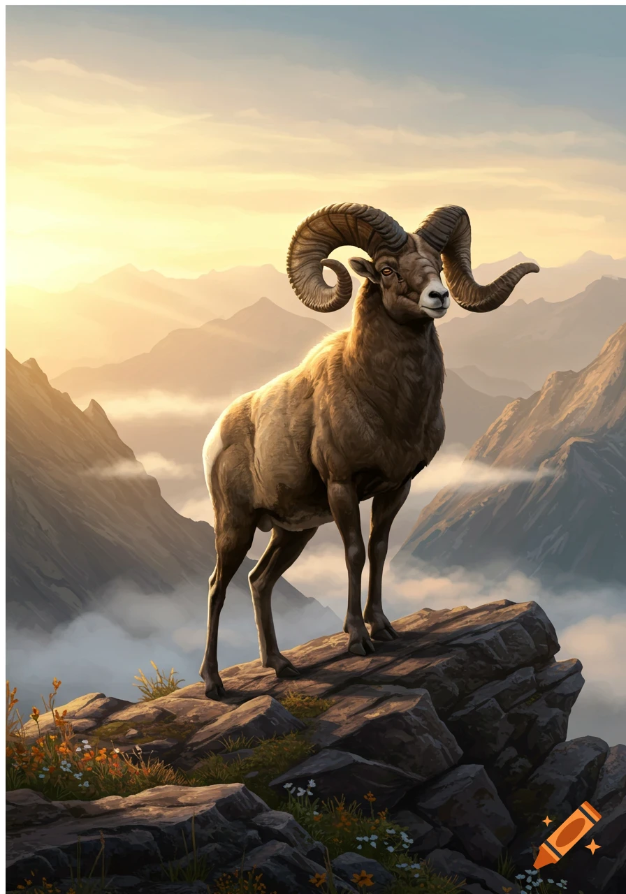 Strong Ram A strong ram with large, curved horns stands majestically on a rocky ...