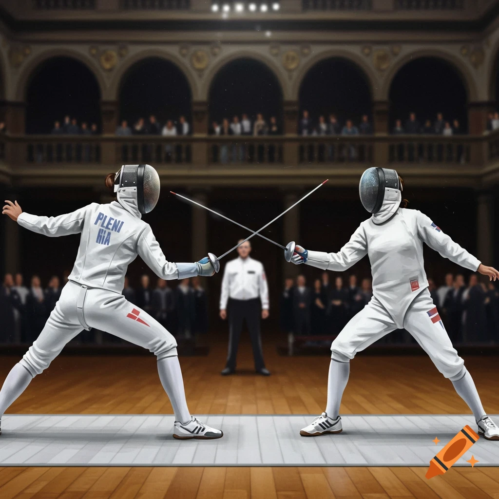 Two fencers in white uniforms and masks face off with foils on a strip, watched by a referee and spectators in a hall. Digital painting.