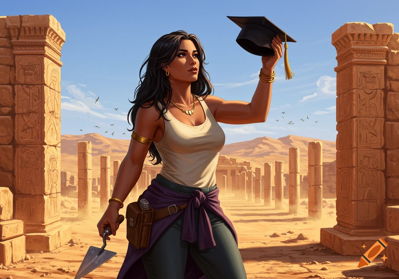 A dark-haired woman in a tank top and cargo pants holds an archaeological trowel and a graduation cap amidst ancient desert ruins under a clear sky.