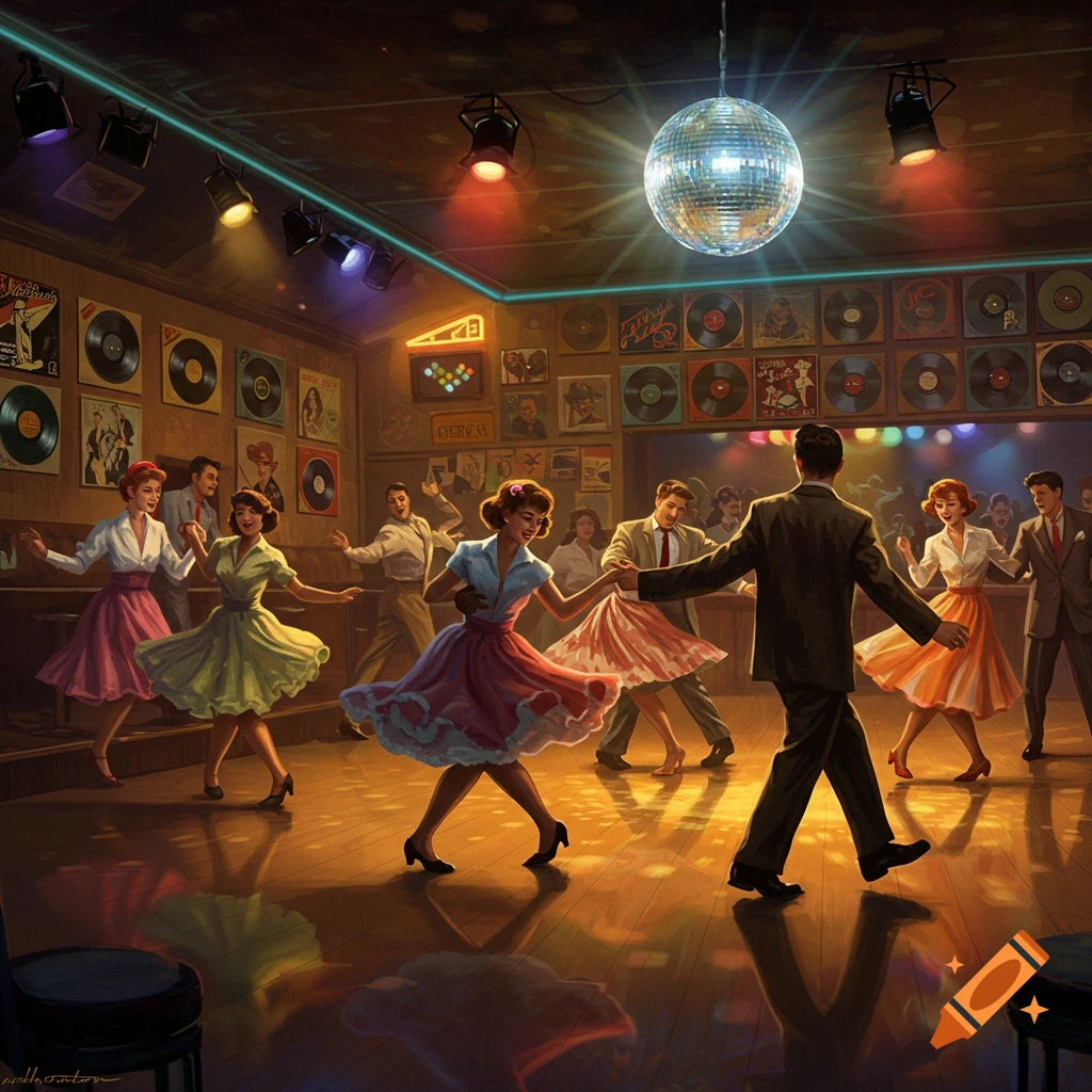 People in 1950s attire dance under a disco ball in a retro club decorated with records, 3D render.